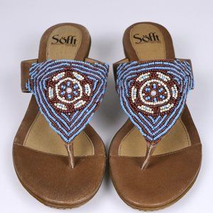 Sofft Women's Size 10M Heeled Blue and Brown Beaded Thong Sandals